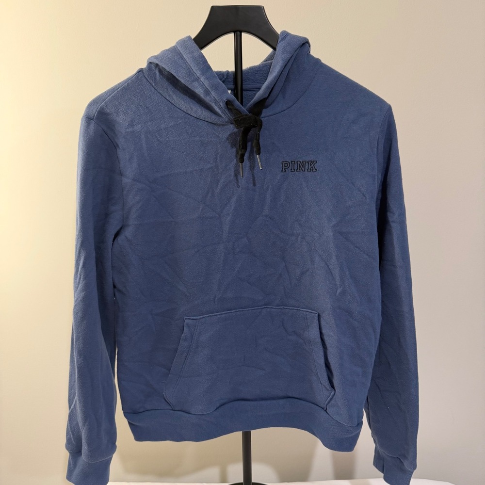 Victorias Secret PINK Blue Pullover Hoodie Sweatshirt Small Logo Kangaroo Pocket